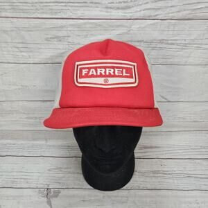 Vintage Red White Hat Trucker Mesh Snapback Farrel Patch Made In USA Blue Collar